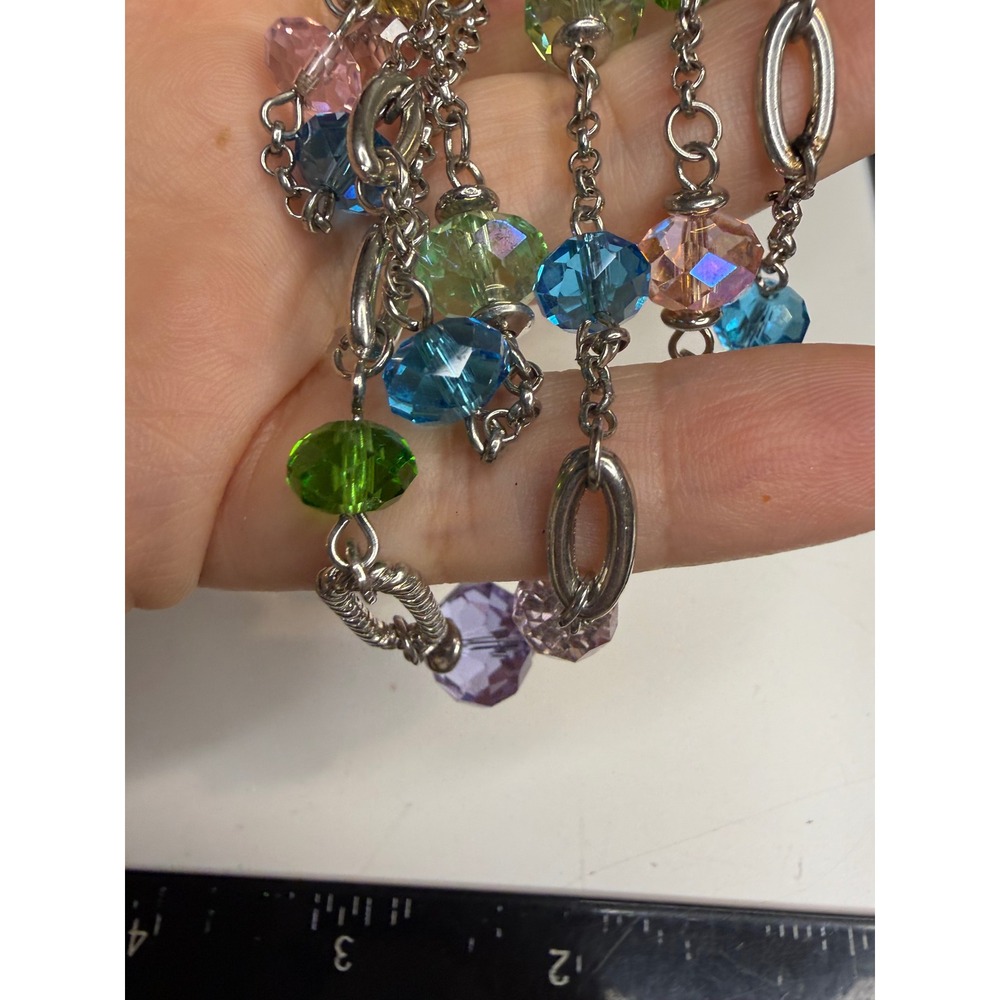 Multicolor Faceted Crystal Bead Silver Tone Long Station Necklace 36-39 Inch